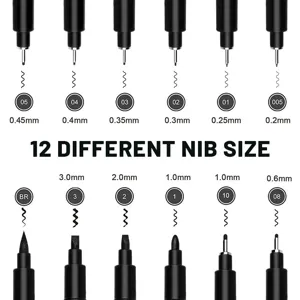 Set από 12 στυλό fineliner με διάφορα μεγέθη μύτης για καλλιτεχνικό σχέδιο και γραφικά.
