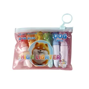 Cute mini highlighter set 6pcs with portable clear pouch and hanging ring for student notes.