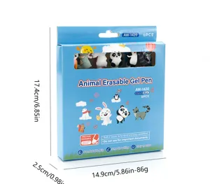 Vue détaillée de la boîte d'emballage de stylo gel effaçable animal avec dimensions.