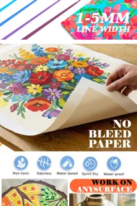 Detalle de rotulador acrílico con trazo de 1-5 mm en papel sin sangrado y resistente al agua.