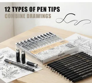 Detail shot of black micro-liner pens set, showing fine needle tips and drawing sketches.