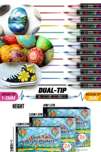 Rotuladores acrilicos de doble punta con detalles de puntas y colores ricos.