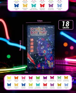 Detailed view of 18 colors UV face body paint kit with fluorescent neon glowing pigments.