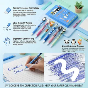 Joli set de stylo gel effaçable avec des animaux et une pointe fine de 0,5 mm pour écrire.