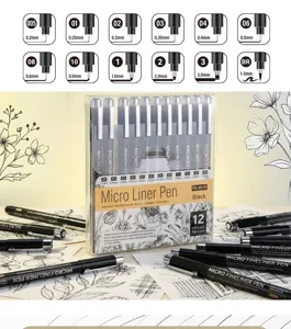 Professional 12pcs Black Fineliner Pen Set Waterproof Sketching Pens Fine Point Drawing