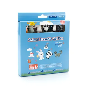 Set de 6 stylos gel effaçables animaux, joli design dessin animé encre bleue 0,5 mm.