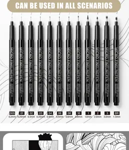 Professional black fine liner pen set for art drawing, comic outlining, and waterproof sketching.