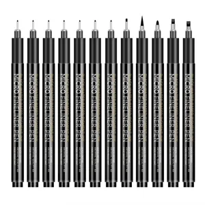 12-piece black micro fineliner pen set, waterproof pigment ink for drawing and sketching.