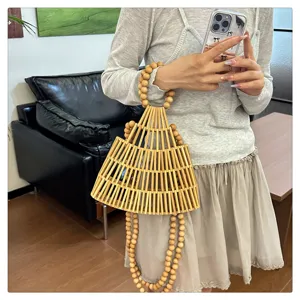 Borsa a mano intrecciata in bambù di perline di legno fatta a mano borsa a tracolla vintage donna