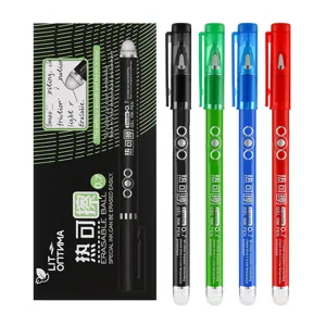 Erasable gel pen set with 4 colored ink pens and packaging for school and office use.