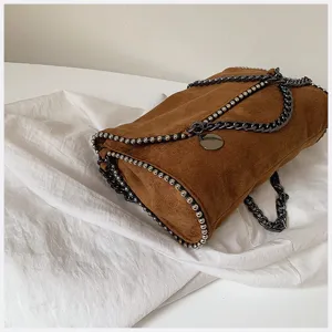 Bolso cruzado marrón de ante sintético con cadena, bolso de moda para mujer estilo otoño