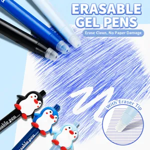 Retractable erasable gel pens with cute cartoon penguin design, 0.5mm smooth writing point.
