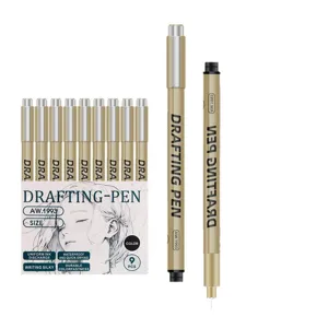 Gold drafting pen set, waterproof fine liner markers for art, sketch, and student drawing.