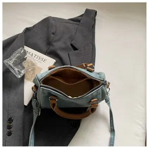 Vintage washed denim boston handbag with brown handles, casual shoulder crossbody bag for daily.