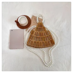Borsa intrecciata in legno fatta a mano con cinturino di perle, borsa in bambù vintage donna.