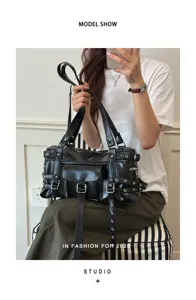 Punk style large capacity tote bag with rivets and belt design for women, black PU leather bag.