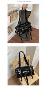 Y2K Black PU Leather Multi-Pocket Buckled Tote Shoulder Bag for Women Vintage Commuter