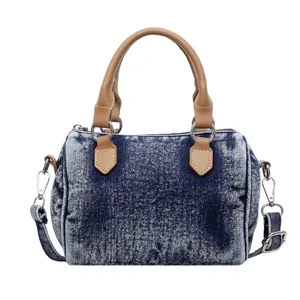 Retro acid wash denim Boston handbag, versatile women commuter shoulder crossbody bag.