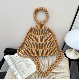 Borsa a Mano in Tessuto di Bambù e Legno con Perle da Donna Stile Mori Traforata Borsa a Tracolla con Perle di Legno Borsa con Manico Superiore
