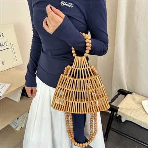 Bellissima borsa a mano in perline di legno, elegante borsa tote intrecciata in bambù.