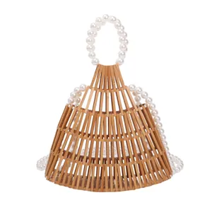 Borsa a mano in legno di bambù fatta a mano con elegante manico di perle borsa da spiaggia.