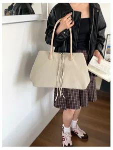 Borsa shopper in tessuto beige casual da donna, grande capacità elegante borsa a spalla da lavoro.