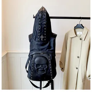 Zwarte gothic rugzak in punkstijl met 3D schedel en capuchon met klinknagels dames.