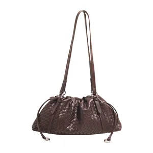 Sac à épaule en cuir tissé marron foncé élégant sac fourre-tout quotidien pour femmes