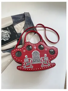 Gothic skull handbag for women, unique punk shoulder bag with rivets and retro tombstone graphic.