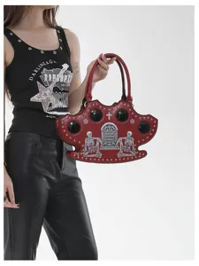 Gothic Halloween punk skull knuckle handbag, dark style PU leather tote shoulder bag.