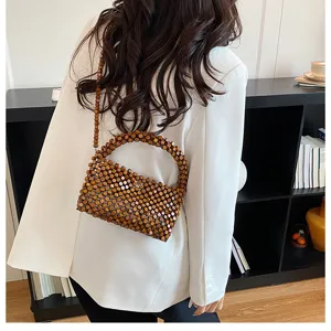 Donna moda borsa a tracolla perle di legno estate spiaggia cavo borsetta chic top
