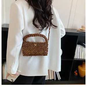 Chic borsa a mano con perline di legno marrone vuota spiaggia spalla tracolla donna moda
