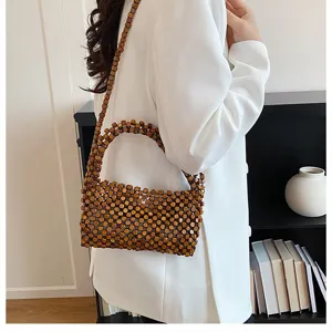 Borsa a tracolla chic in perline di legno estive da donna, borsa vintage a mano.