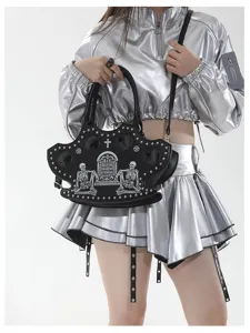 Goth punk style skull tombstone shoulder handbag with rivets and cross design for women fashion.