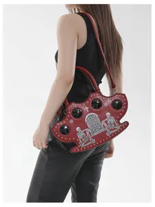 Gothic punk style skull embossed shoulder bag for women, edgy personality handbag PU leather.