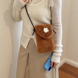 Fuzzy plush mini crossbody bag with cute flower decor, casual daily chic phone purse.