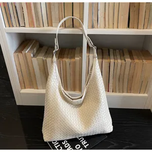 Weiß geflochtene Leder Umhängetasche, stilvolle große Tasche für Büro und elegante Pendler.