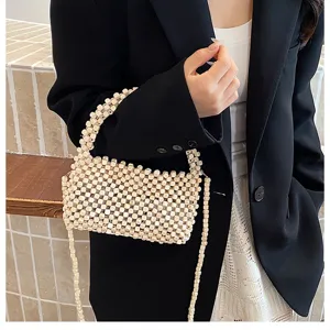Borsa a tracolla chic in perline di legno da donna, elegante borsa da mare traforata con cinturino.