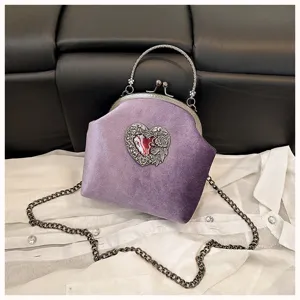Barock violette Samt Abendhandtasche mit Metallverschluss Griff und Kette fuer Damen Party.