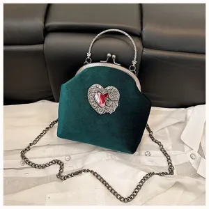 Dunkelgrüne Samt Abendtasche, Barock Stil Bügelverschluss Kette Umhängetasche, elegante Vintage Tasche.