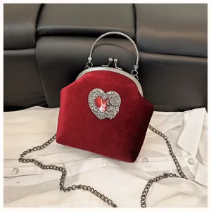 Rote Samt Abendtasche Barock Stil Kussverschluss Handtasche mit Herz Anhänger und Metallkette