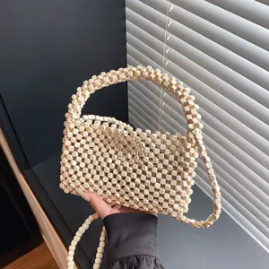 Borsa a mano con perline di legno da donna, elegante borsa a tracolla intrecciata estiva.