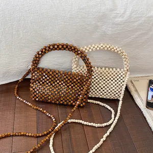 Borsa a mano estiva in perline di legno donna nicchia borsa da spiaggia vuota tracolla