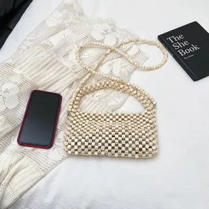 Borsa a mano con perline per donna, borsa a tracolla in perline di legno, borsa mare.