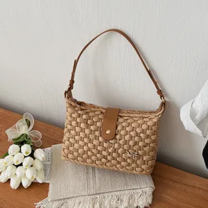 Dames Strohtas Vakantie Strand Handtas Retro Chic Oksel Schoudertas Met PU Leren Band En Strik