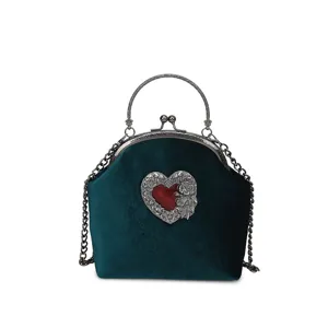 Dunkelgrüne Samt Abendtasche Barock Herz Metallverschluss Ketten Umhängetasche Damen