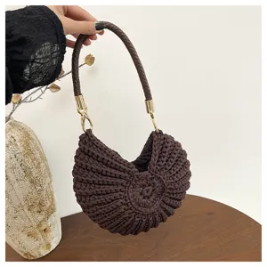 Dark brown crochet shell handbag for women, stylish woven handbag underarm shoulder bag.