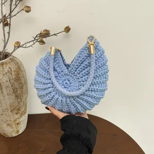 Womens Fashion Woven Shell Shaped Crossbody Bag Handbag Knit Beach Bag Casual Travel Top Handle Shoulder Bag Pearl Chain