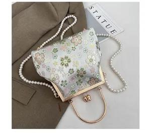 Vintage Bloemen Brokaat Kus Sluiting Handtas Elegante Parel Ketting Schoudertas