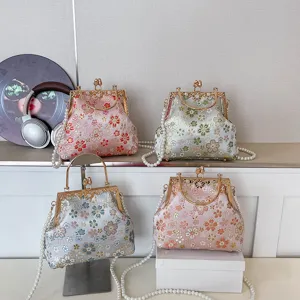 Geborduurde stoffen kiss lock avondtas vintage bloemen schoudertas voor vrouwen